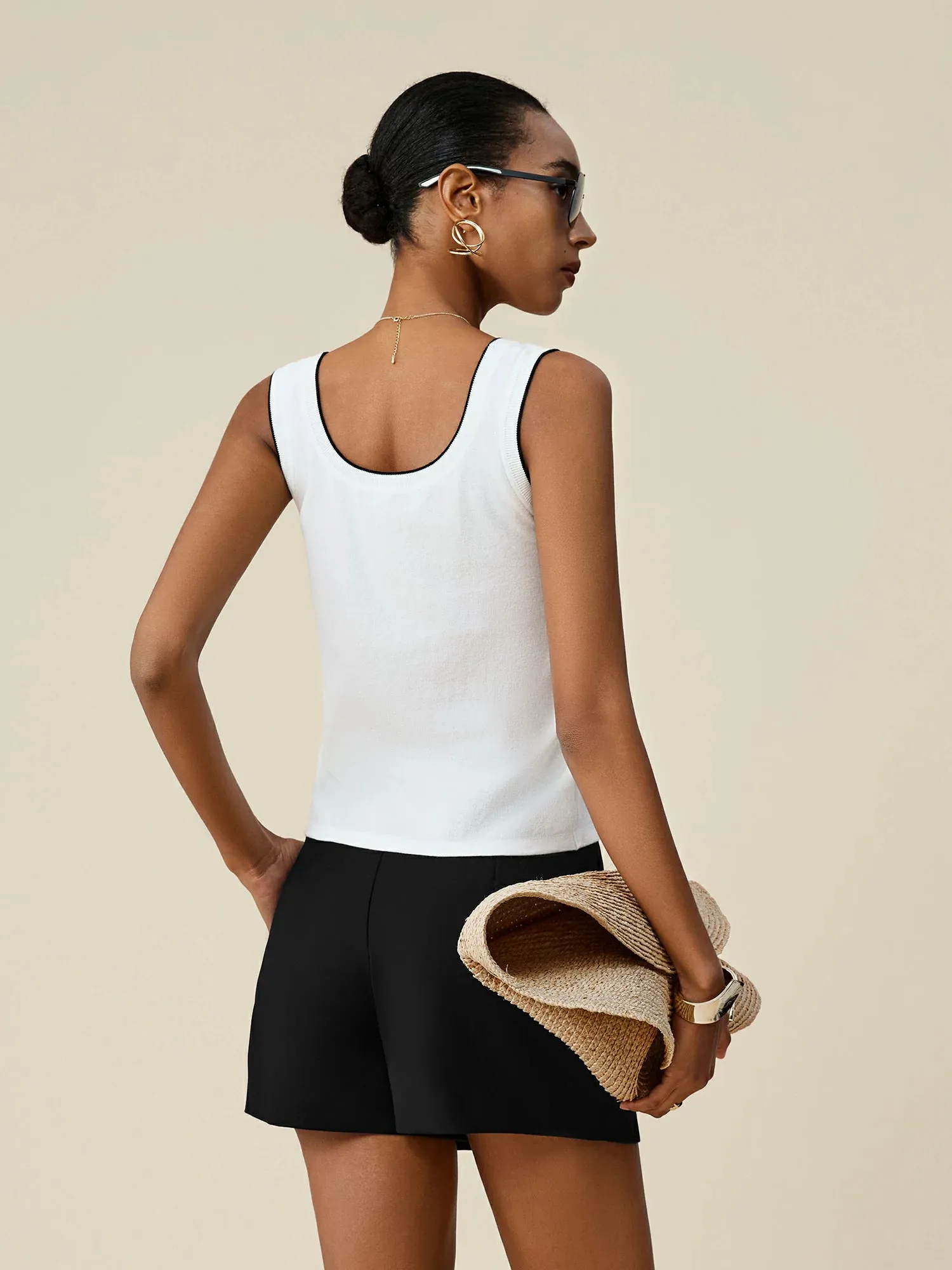 Amoretu Cotton & Linen U-Neck Contrast Trim Vest