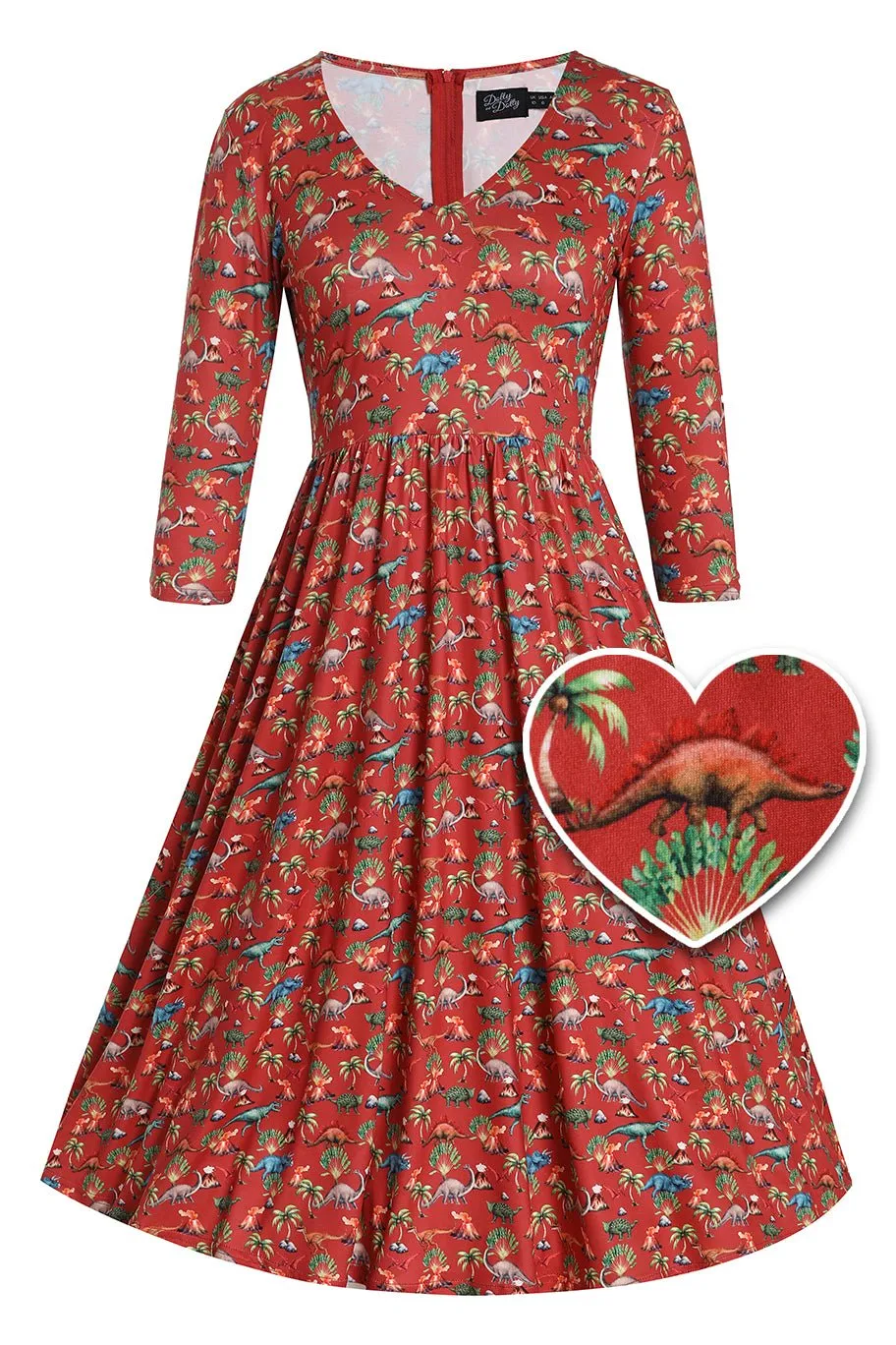 Billie Dinosaur Volcano Flared Dress In Red