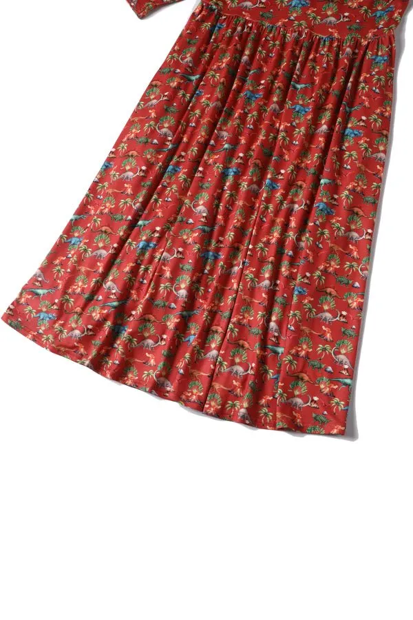 Billie Dinosaur Volcano Flared Dress In Red