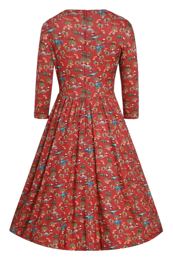 Billie Dinosaur Volcano Flared Dress In Red
