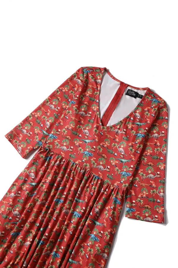 Billie Dinosaur Volcano Flared Dress In Red