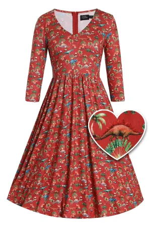 Billie Dinosaur Volcano Flared Dress In Red