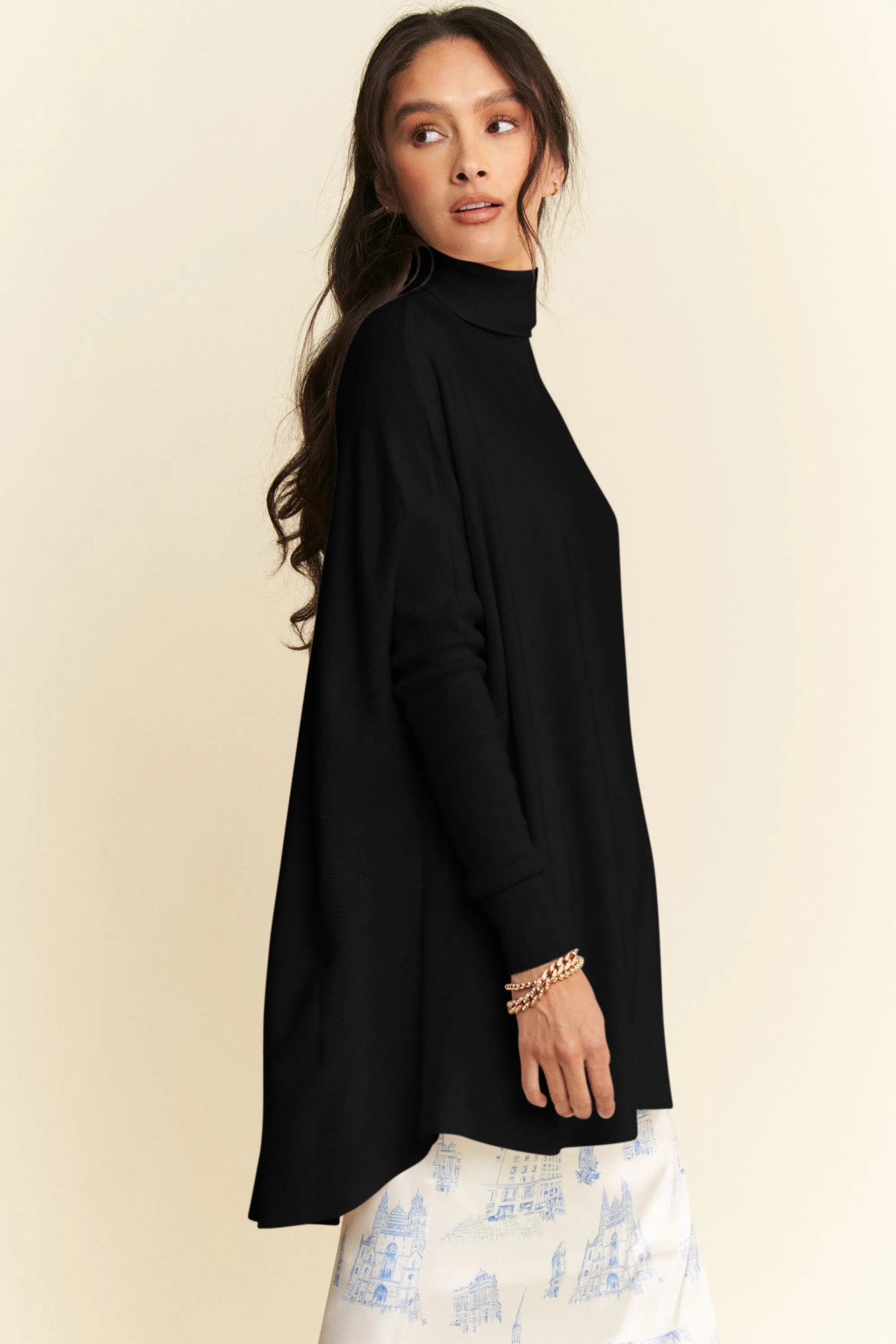 Black High-Low Hem Knit Turtleneck Top