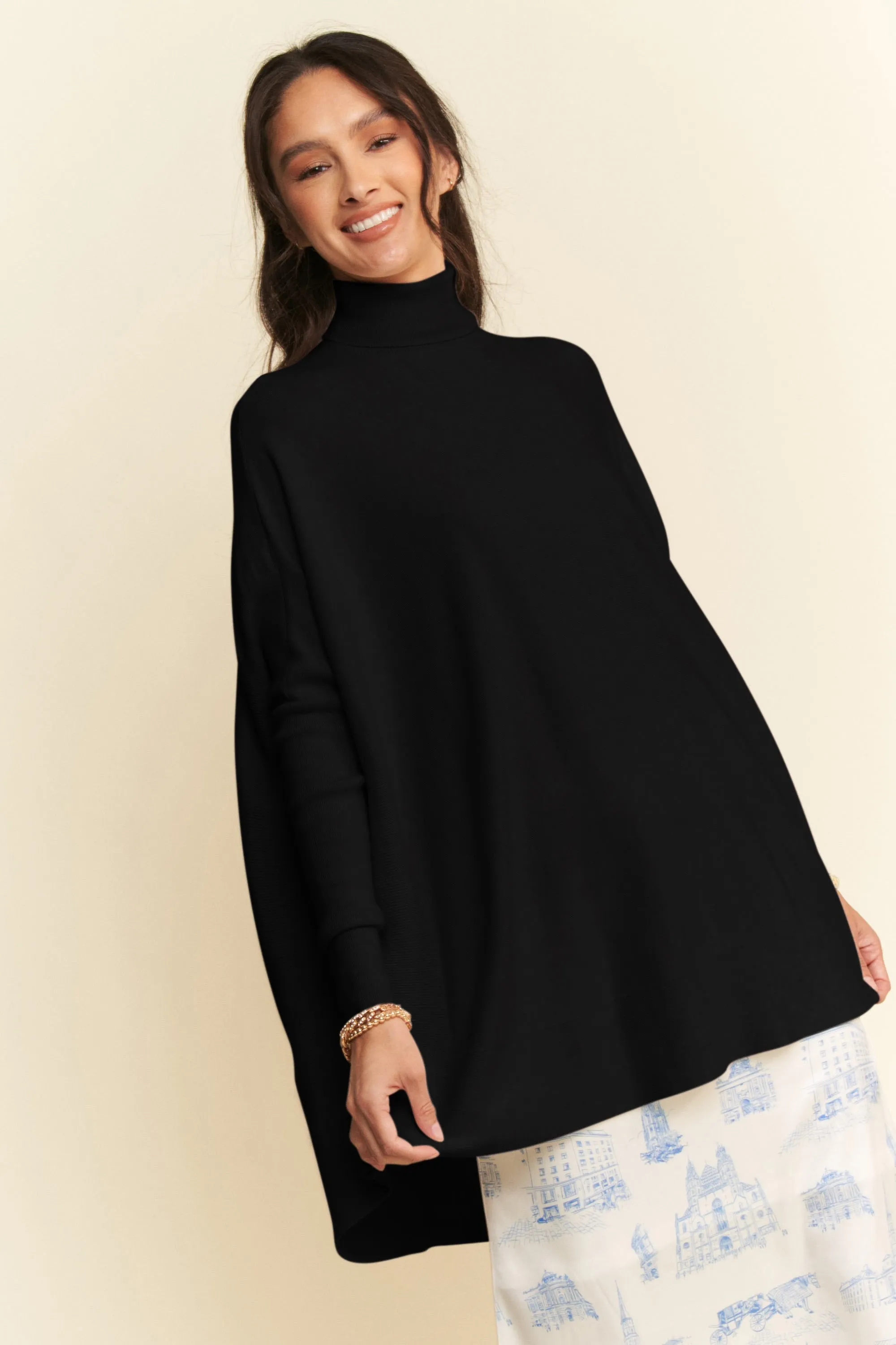 Black High-Low Hem Knit Turtleneck Top