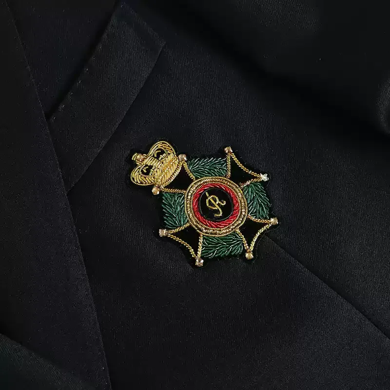 Black Wool Blazer with Gold Buttons and Embroidered Badge Design Plus Size