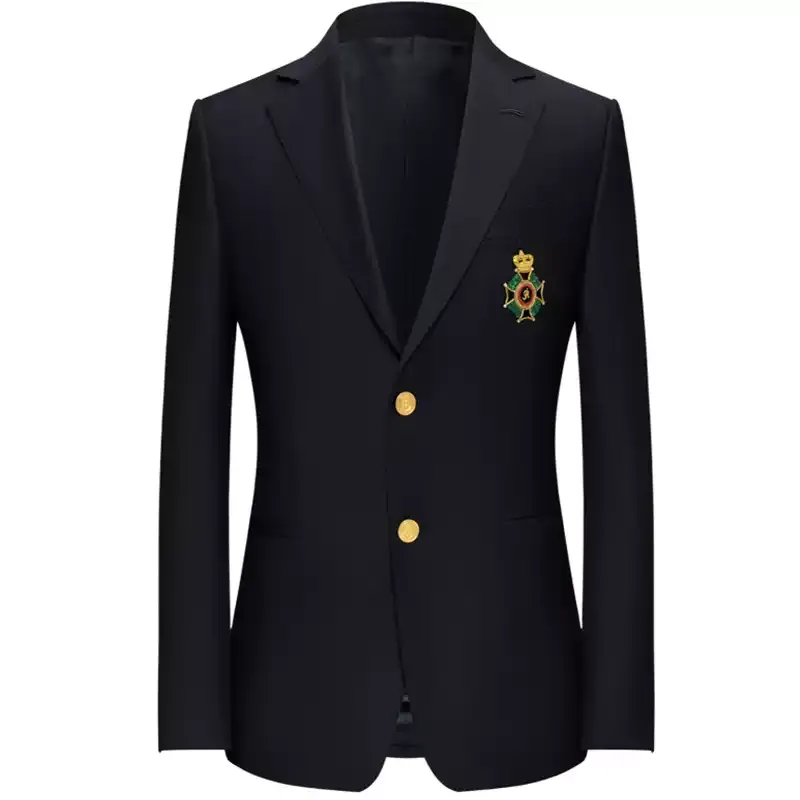 Black Wool Blazer with Gold Buttons and Embroidered Badge Design Plus Size