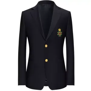 Black Wool Blazer with Gold Buttons and Embroidered Badge Design Plus Size