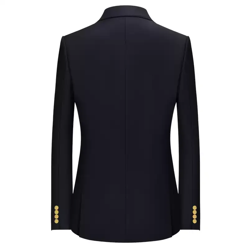 Black Wool Blazer with Gold Buttons and Embroidered Badge Design Plus Size