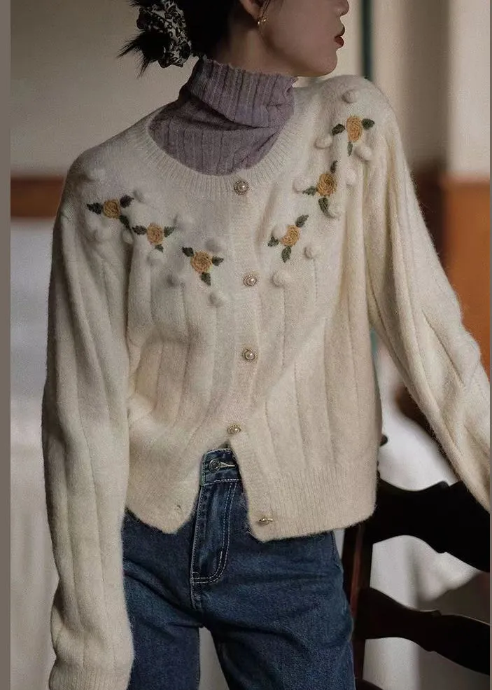 Bohemian Beige Embroidered Button Patchwork Knit Coats Fall TU047