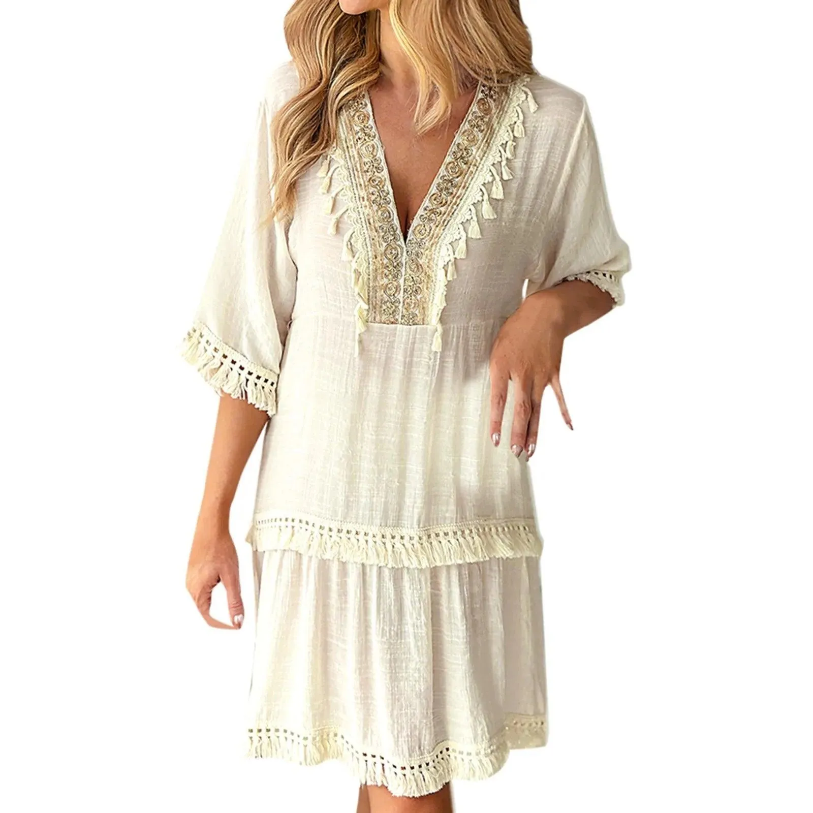 Boho Dress For Women's Casual Elegant Embroidered V Neck Casual Dresses With Tassle Loose Comfortable Stylish Wrap Maxi Vestidos