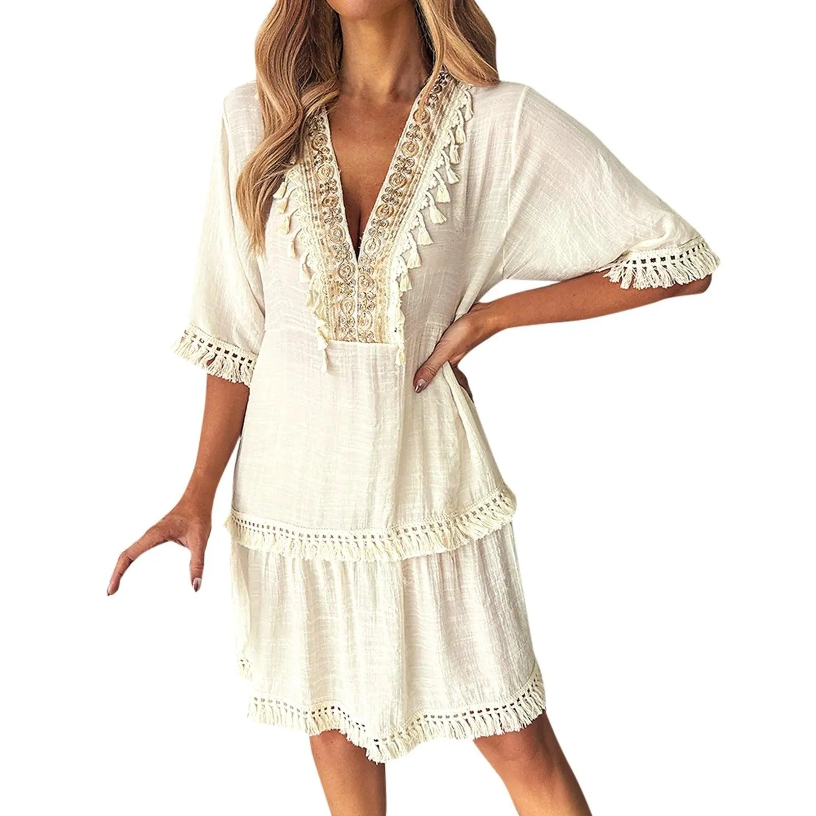 Boho Dress For Women's Casual Elegant Embroidered V Neck Casual Dresses With Tassle Loose Comfortable Stylish Wrap Maxi Vestidos