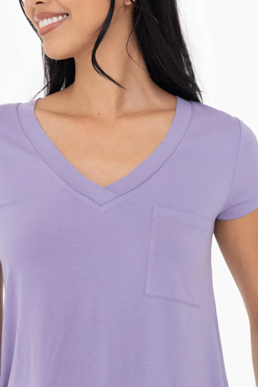 Cassandra | Longline Deep V-Neck Pocket Shirt | Lavender