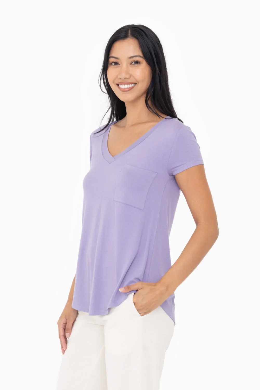 Cassandra | Longline Deep V-Neck Pocket Shirt | Lavender