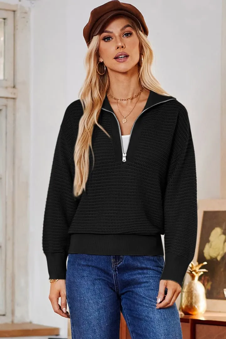 Casual Half Zip Collar Knit Pullover Loose Long Sleeve Tops
