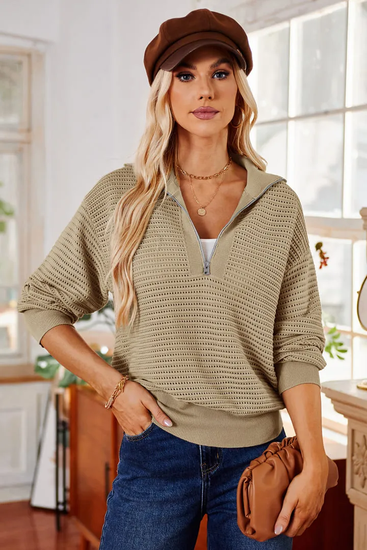 Casual Half Zip Collar Knit Pullover Loose Long Sleeve Tops