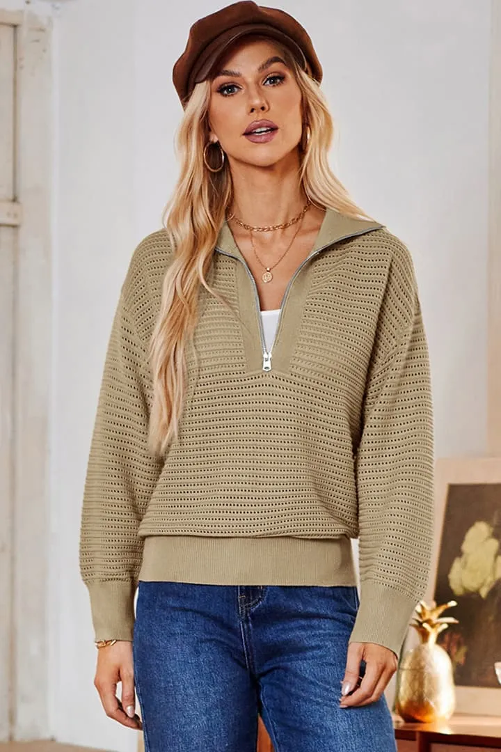 Casual Half Zip Collar Knit Pullover Loose Long Sleeve Tops