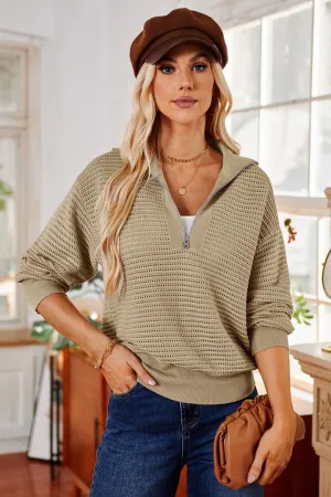 Casual Half Zip Collar Knit Pullover Loose Long Sleeve Tops