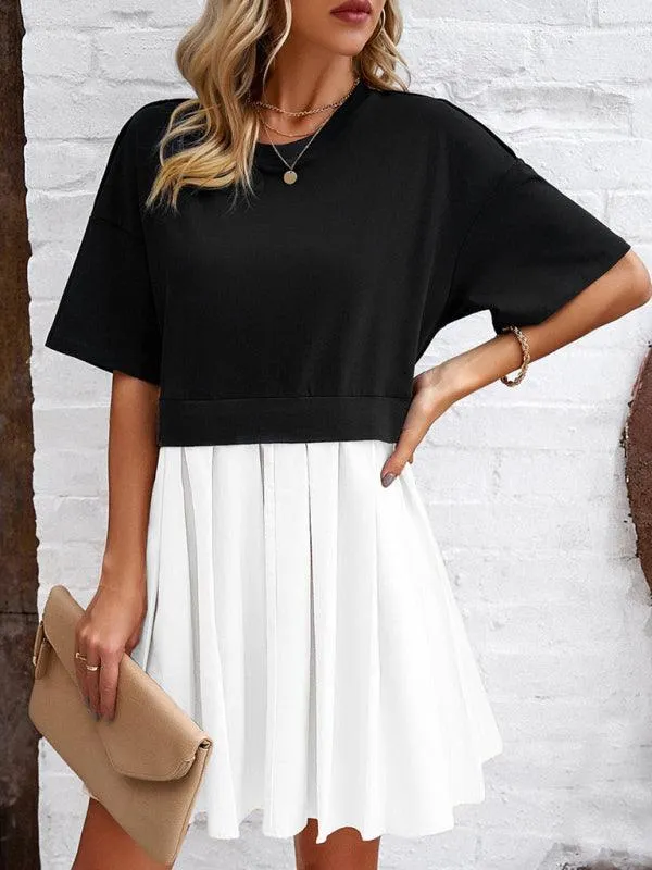 Colorful Short-Sleeve Patchwork Dress: Chic and Comfortable Women's Apparel