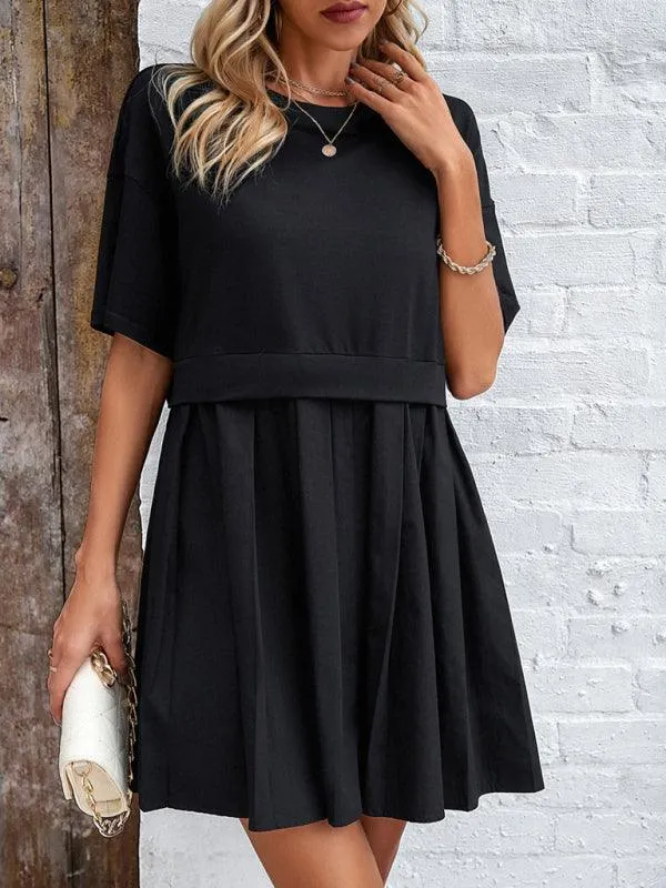 Colorful Short-Sleeve Patchwork Dress: Chic and Comfortable Women's Apparel