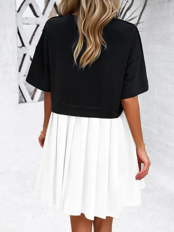 Colorful Short-Sleeve Patchwork Dress: Chic and Comfortable Women's Apparel