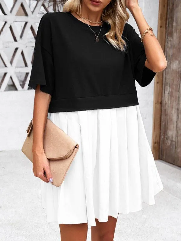 Colorful Short-Sleeve Patchwork Dress: Chic and Comfortable Women's Apparel