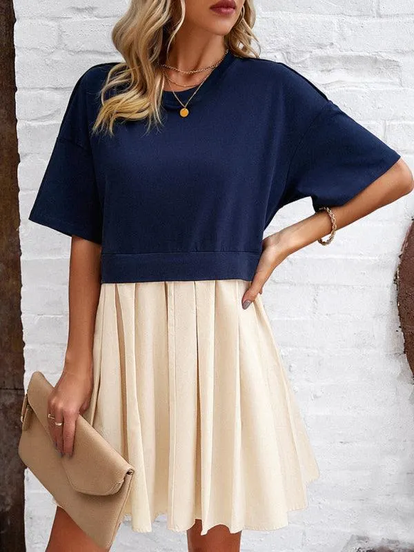 Colorful Short-Sleeve Patchwork Dress: Chic and Comfortable Women's Apparel