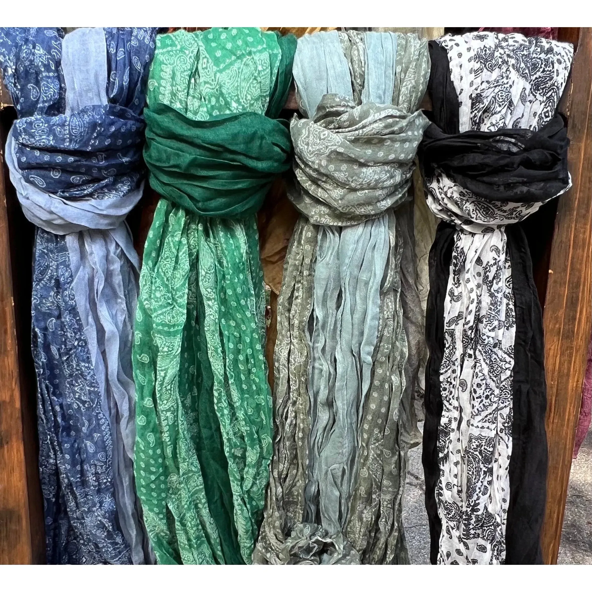Cotton Crinkle Scarf - Sage Green Panelled - Unisex