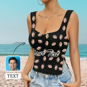 Custom Face&Text Black Top Personalized Women's Square Neck Backless Ruched Side Split Crop Tank Tops