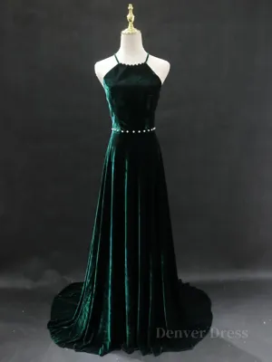 Dark Green Backless Long Prom Dresses, Dark Green Long Formal Evening Bridesmaid Dresses