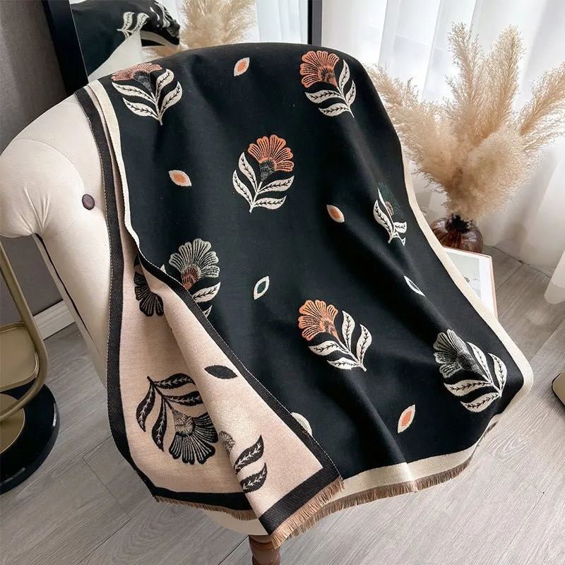 Elegant Black Luxurious Floral Design Women's Winter Shawl