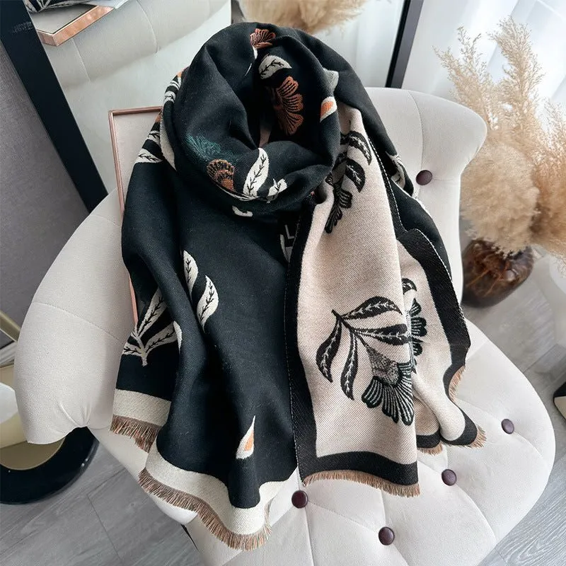 Elegant Black Luxurious Floral Design Women's Winter Shawl