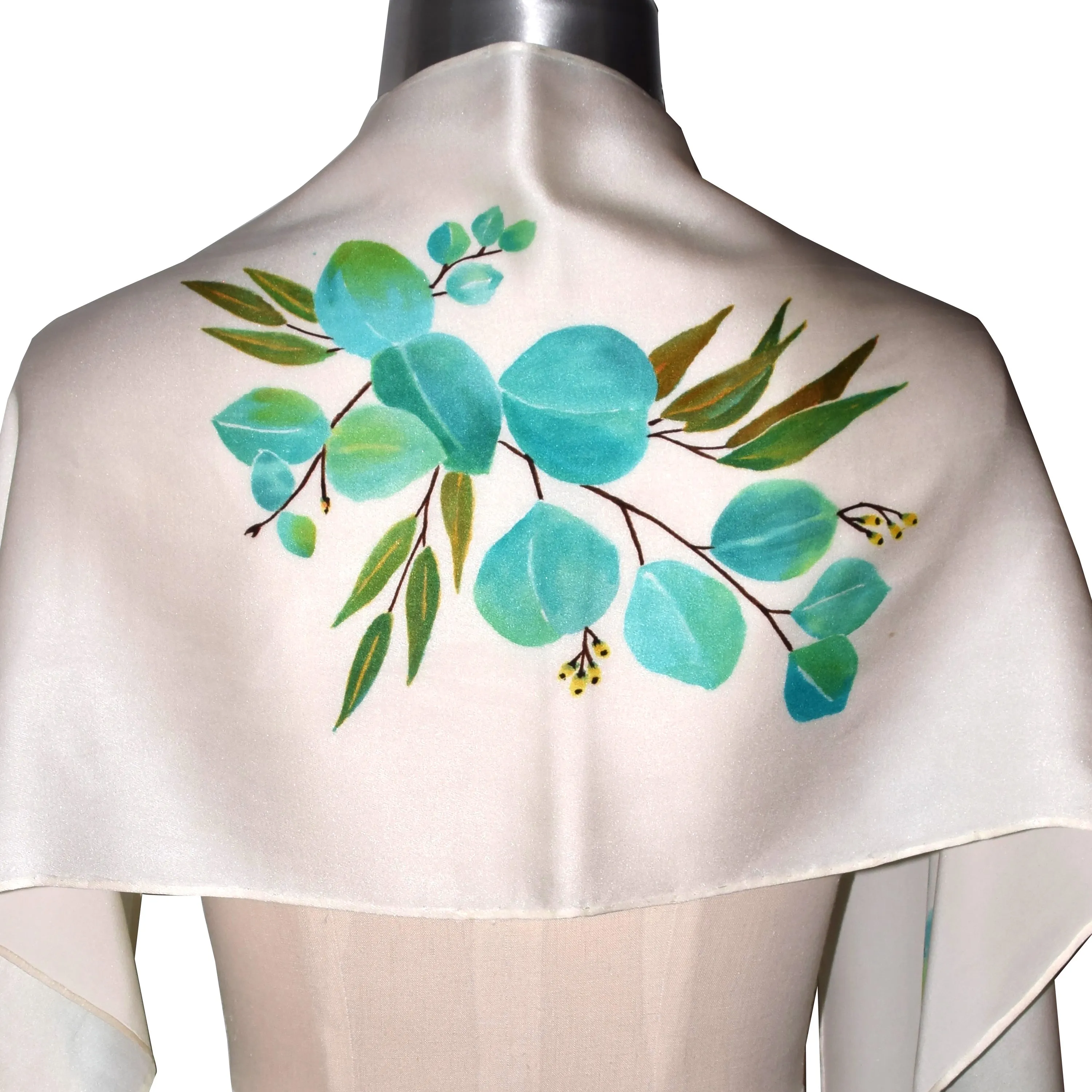 Elegant Turquoise Eucalyptus White Charmeuse Silk Scarf
