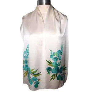 Elegant Turquoise Eucalyptus White Charmeuse Silk Scarf