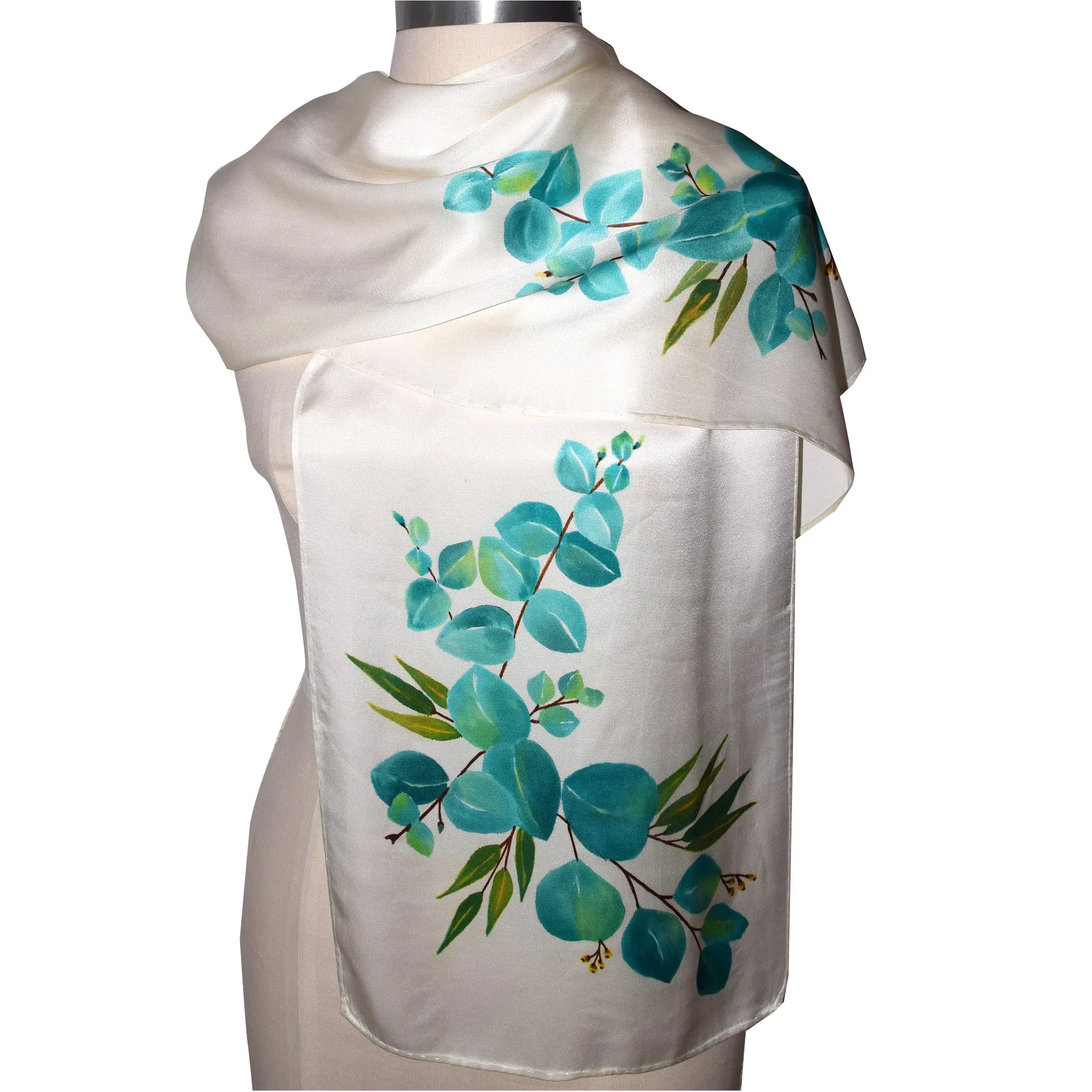 Elegant Turquoise Eucalyptus White Charmeuse Silk Scarf