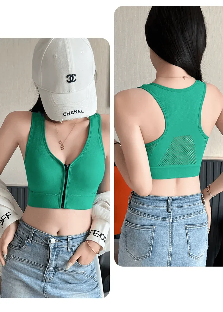 Front Zipper Breathable Seamless Wide Shoulder Sling Bra - XW8868