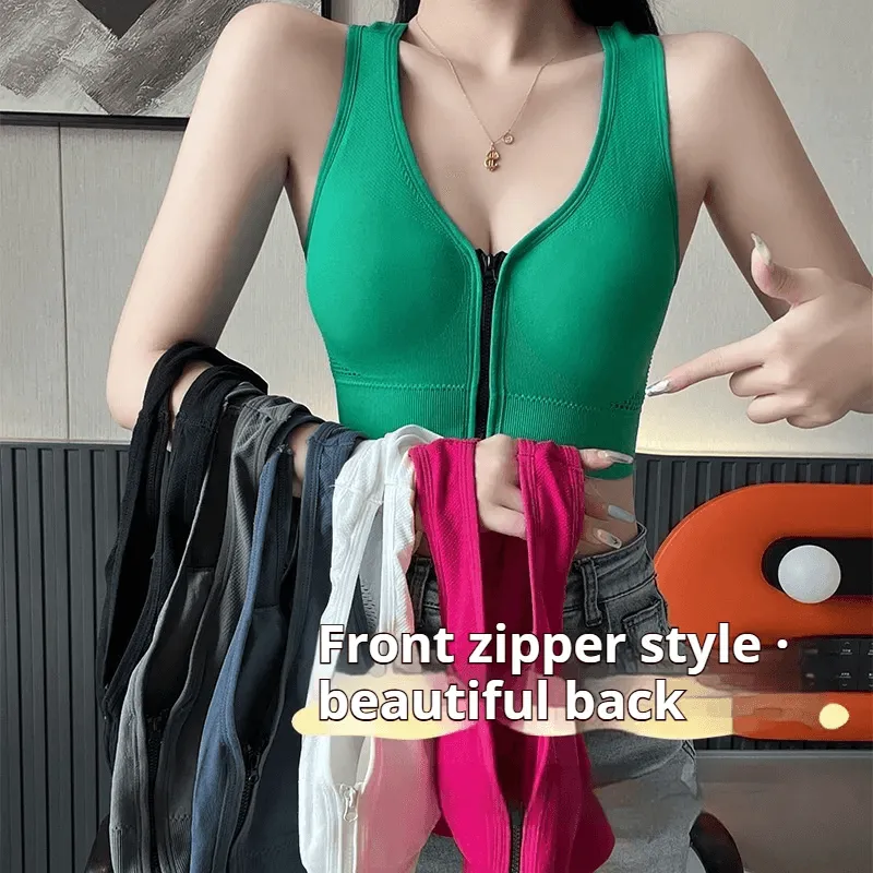 Front Zipper Breathable Seamless Wide Shoulder Sling Bra - XW8868