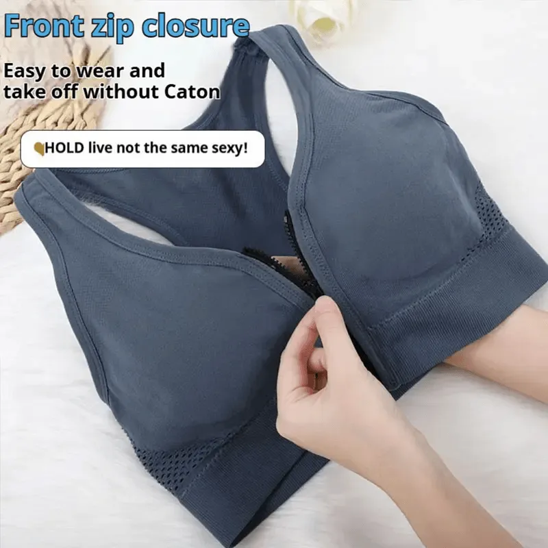 Front Zipper Breathable Seamless Wide Shoulder Sling Bra - XW8868