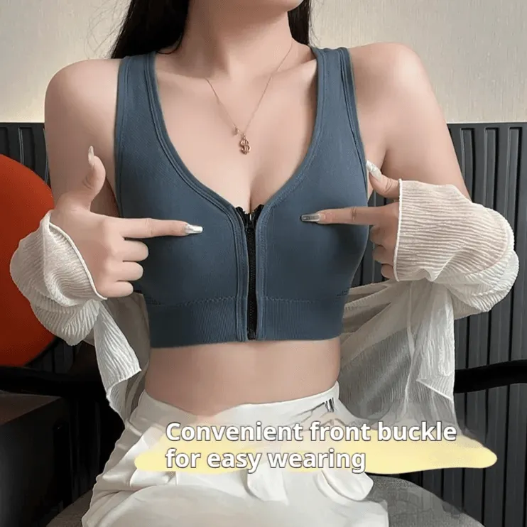 Front Zipper Breathable Seamless Wide Shoulder Sling Bra - XW8868