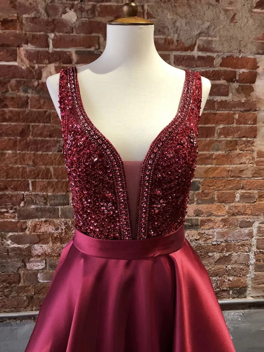 Gorgeous Long A-line V Neck Satin Graduation Prom Dresses with Beadings