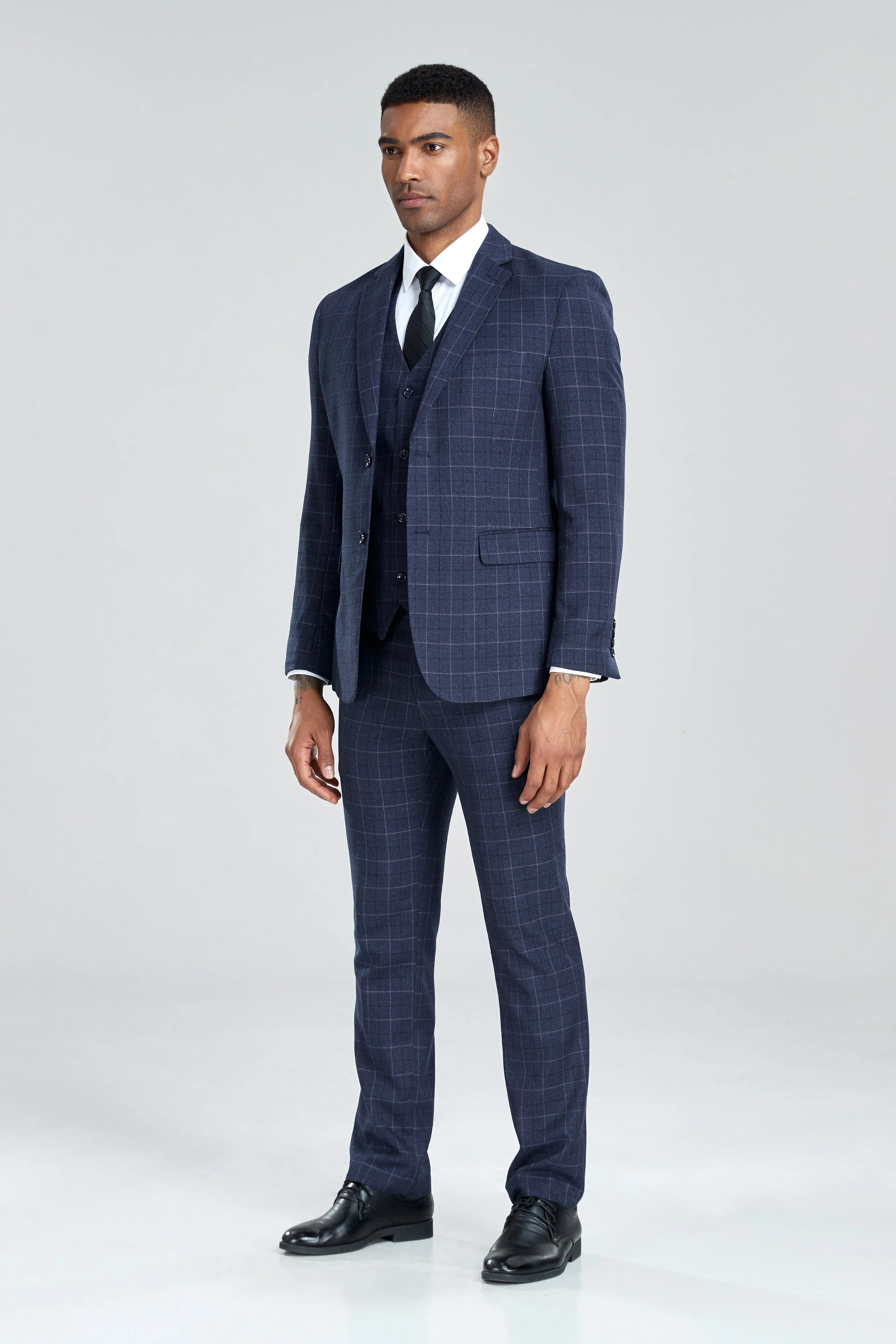 Grey Navy Light Blue Plaid Men's 3 Piece Suits