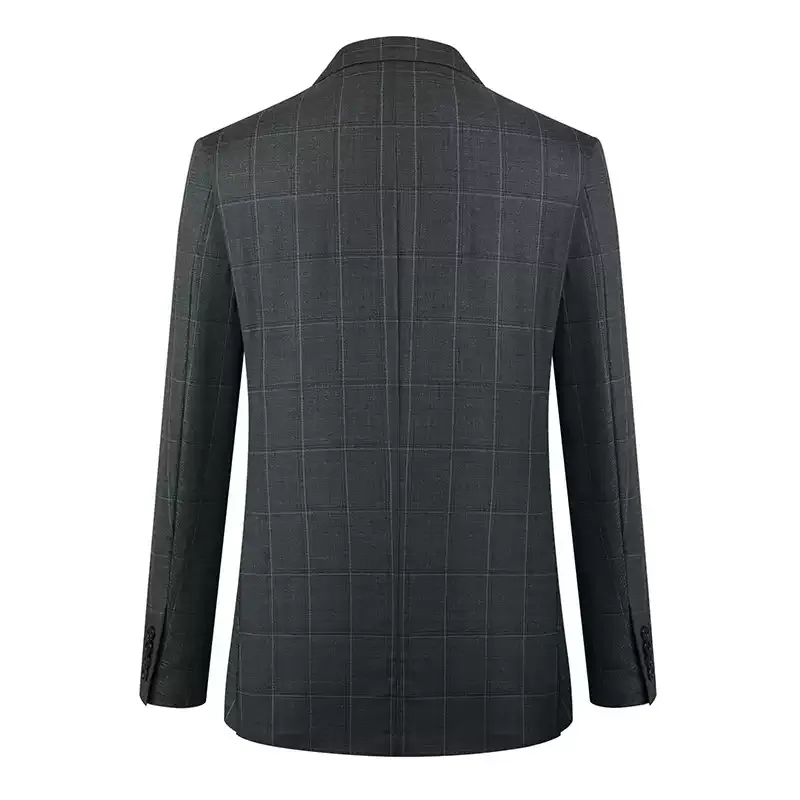 Grey Plaid Suit Blazer with Peak Lapel and Flap Pockets for Men Plus Size