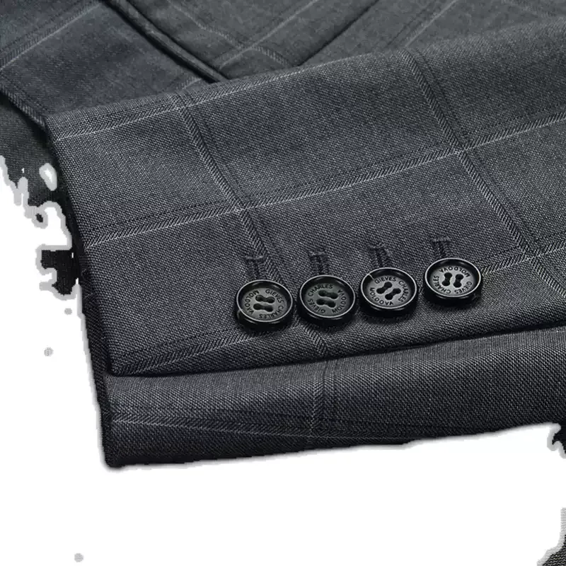 Grey Plaid Suit Blazer with Peak Lapel and Flap Pockets for Men Plus Size