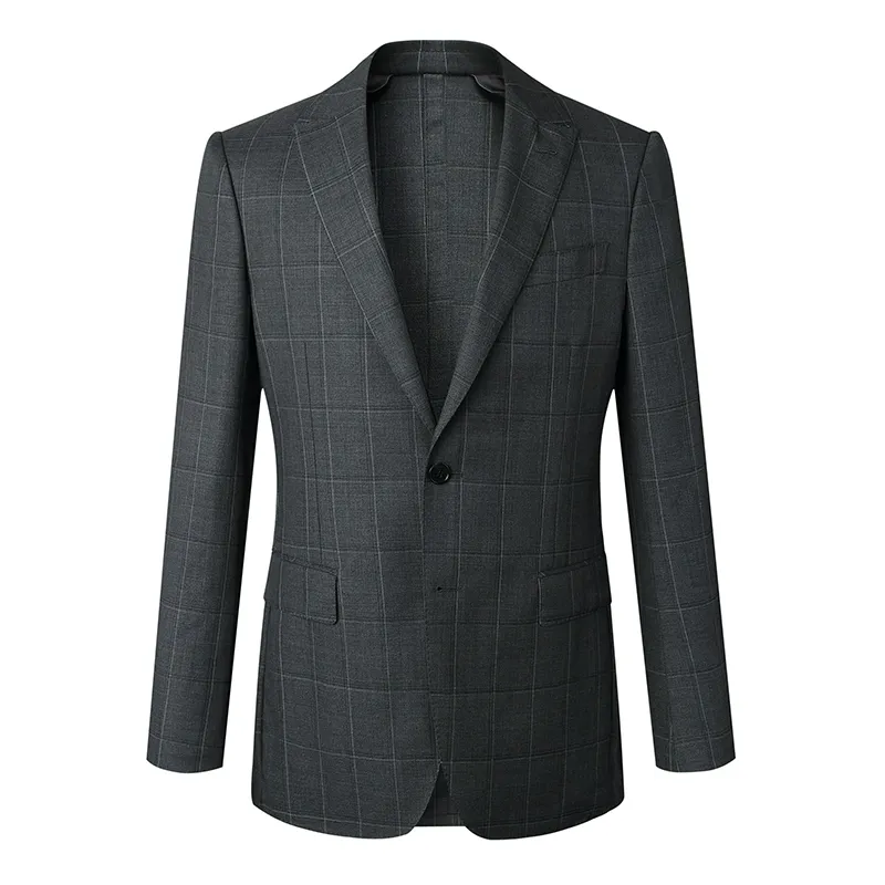 Grey Plaid Suit Blazer with Peak Lapel and Flap Pockets for Men Plus Size