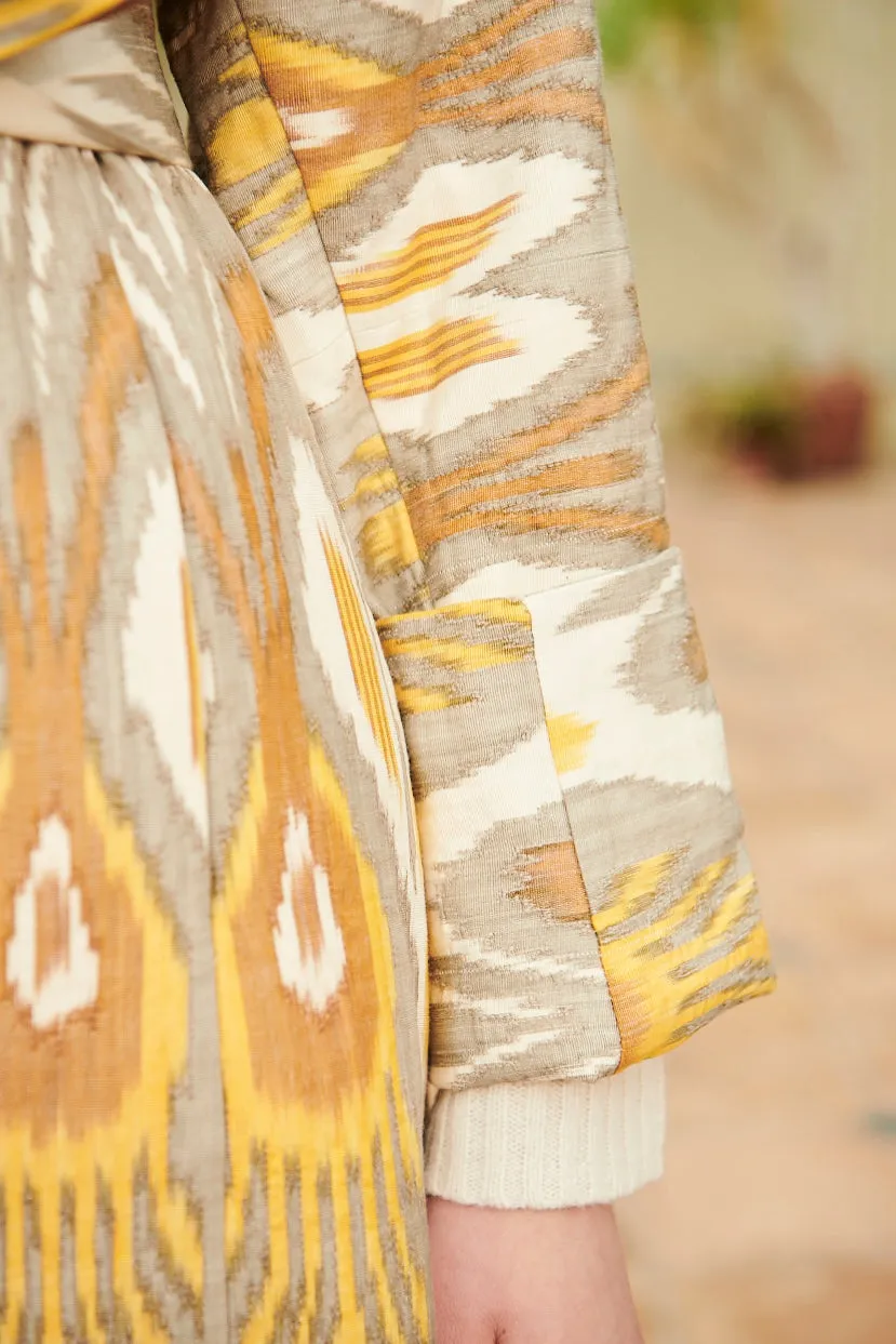 Handwoven Silk Ikat Chapan - Nargiza - 'Daffodil and Narcissus Flower'