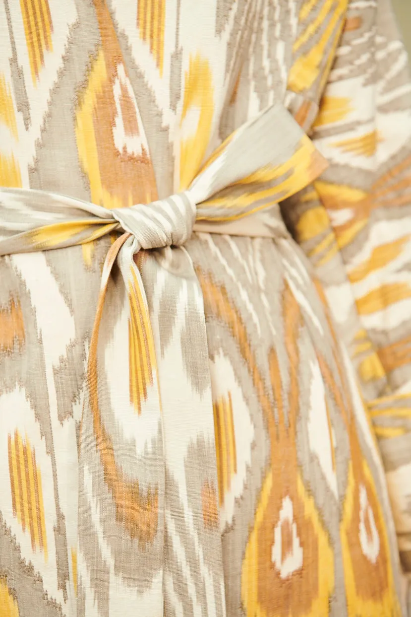 Handwoven Silk Ikat Chapan - Nargiza - 'Daffodil and Narcissus Flower'