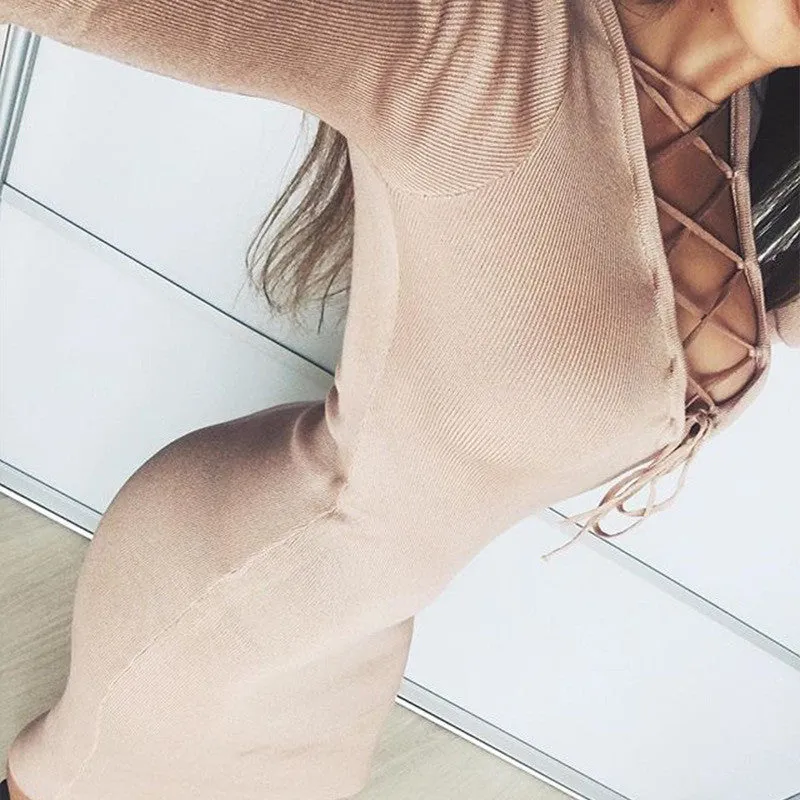 Hollow Out Criss Cross V Neck Long Sleeve Bodycon Dress