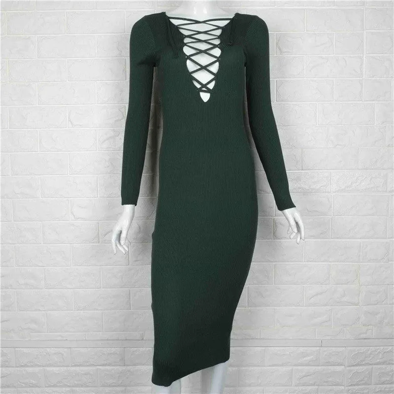 Hollow Out Criss Cross V Neck Long Sleeve Bodycon Dress