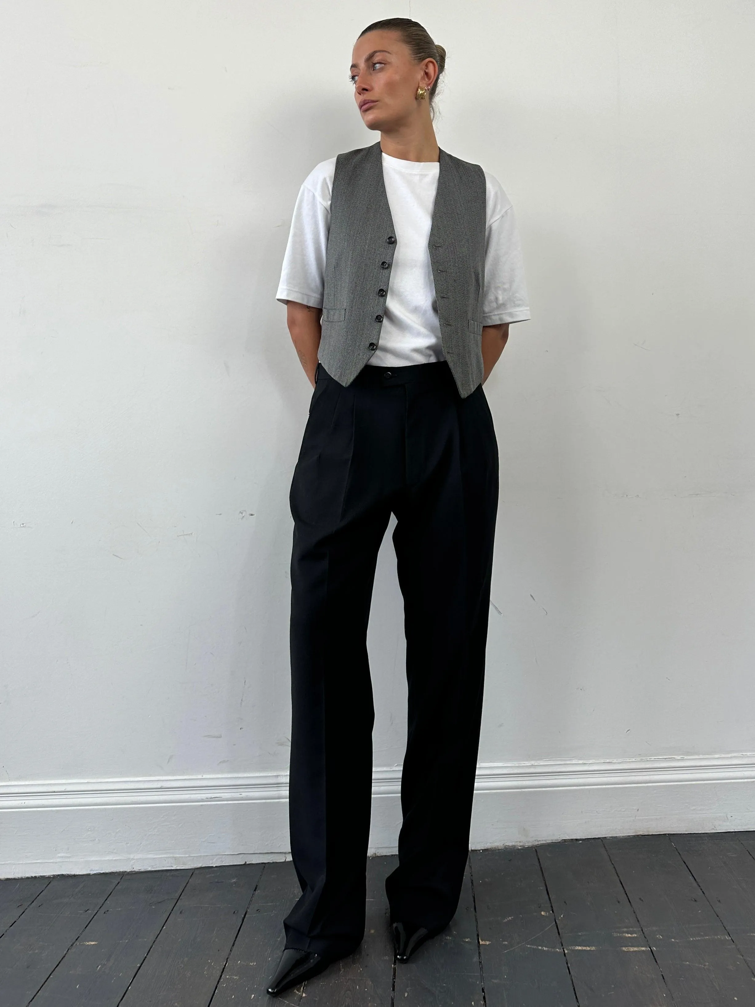 Italian Vintage Pure Wool Raw Hem Straight Leg Tailored Trousers - W34
