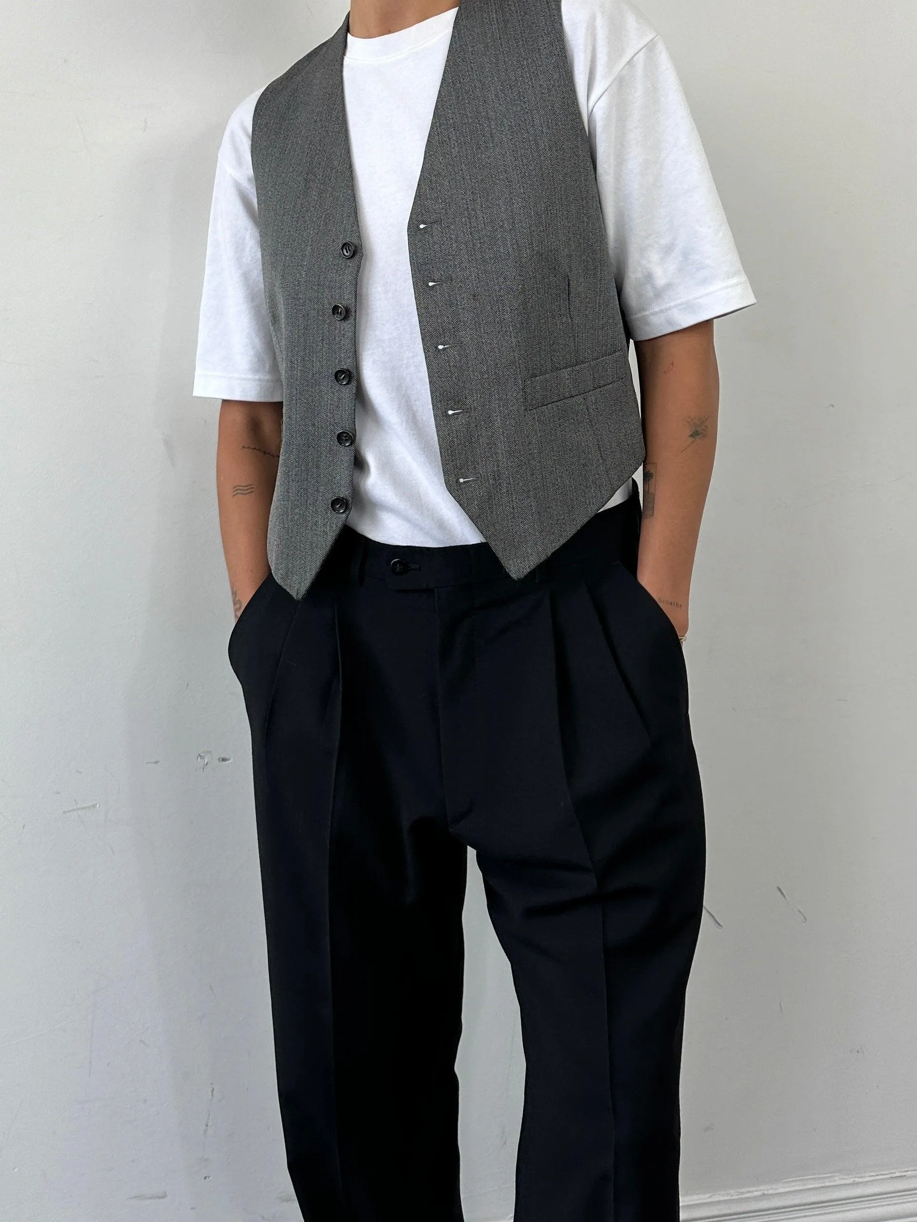 Italian Vintage Pure Wool Raw Hem Straight Leg Tailored Trousers - W34