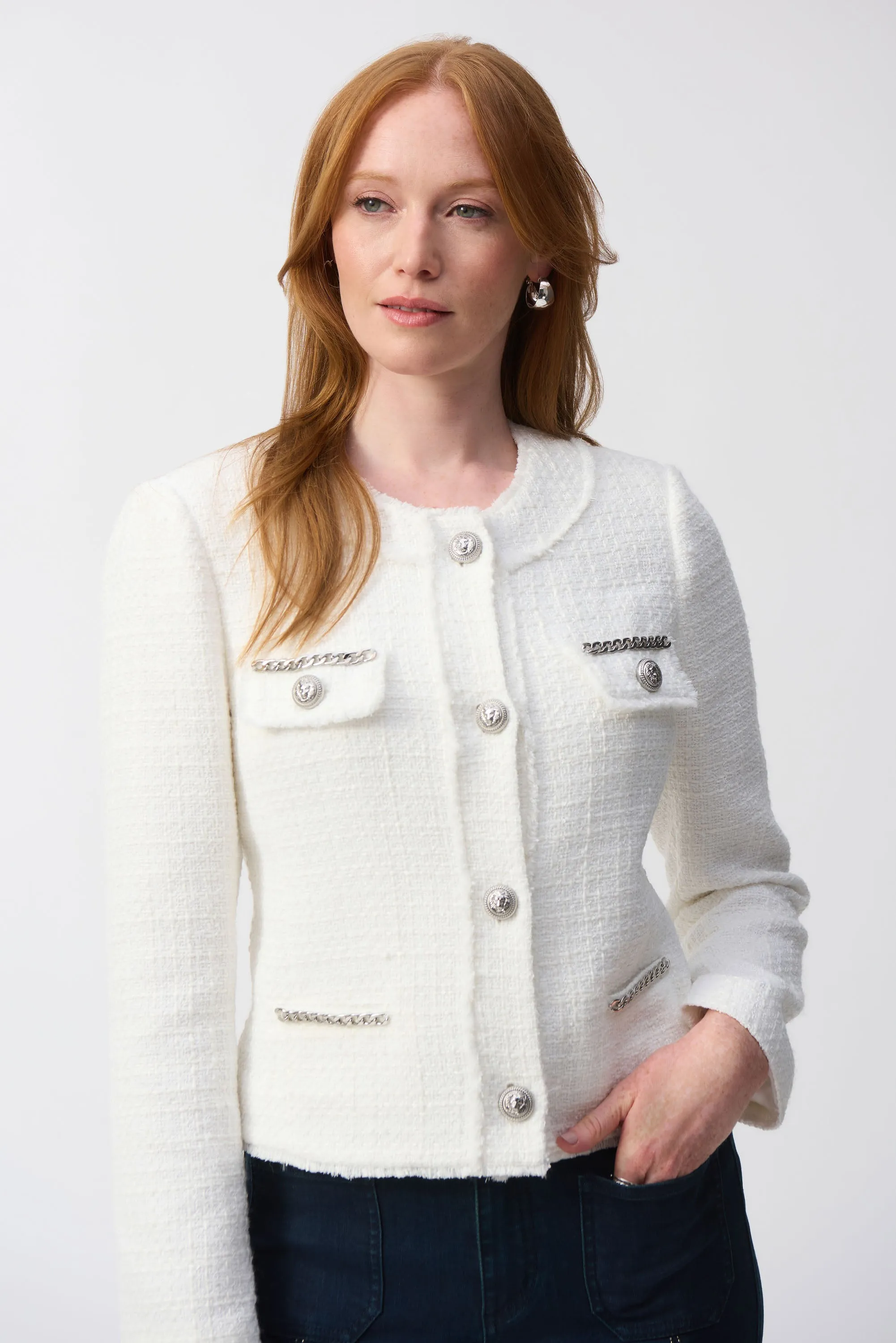 Joseph Ribkoff Winter White Bouclé Jacket with Chain Detail